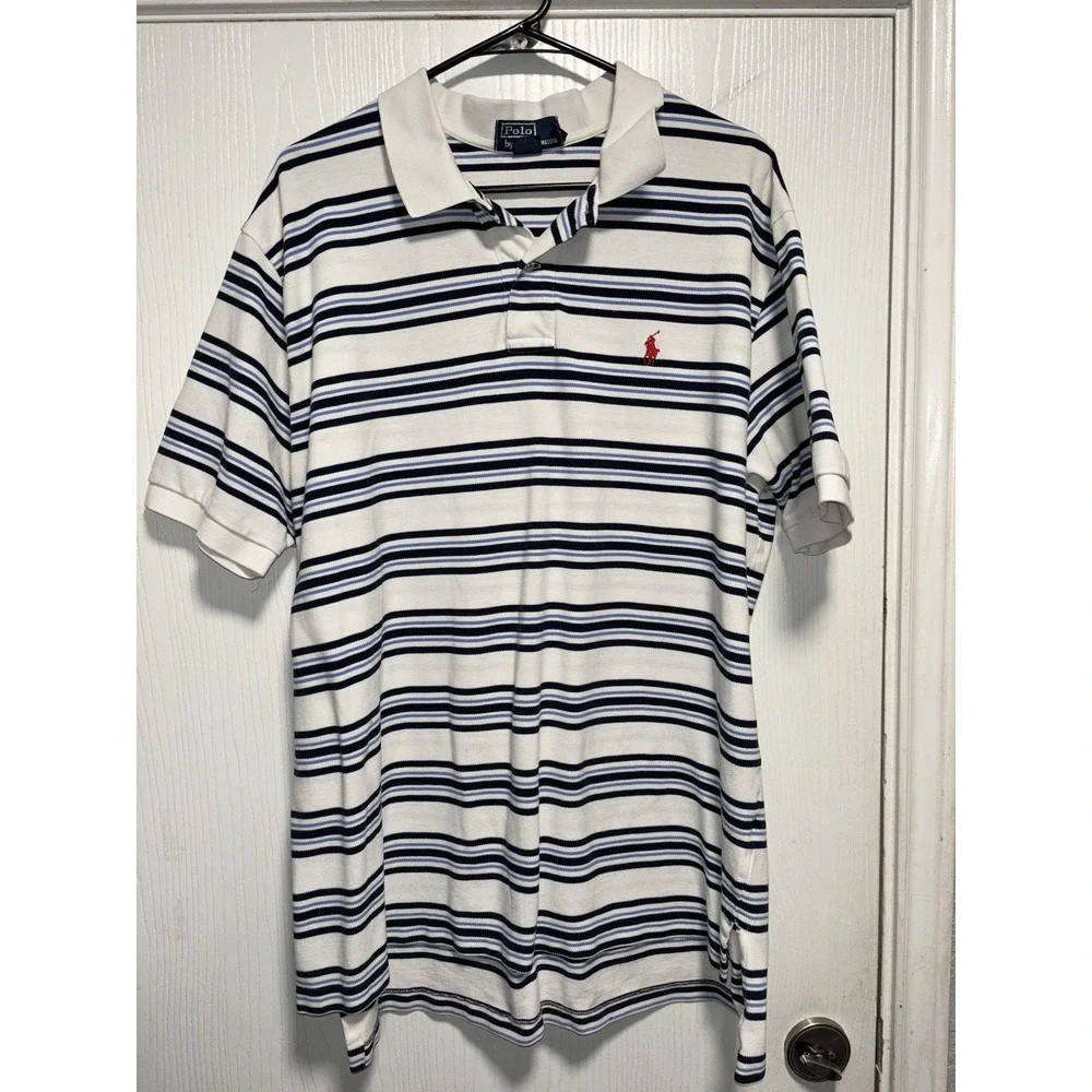 Polo Ralph Lauren Vintage Short Sleeve Polo Shirt Men's XXL White Blue Stripe 90